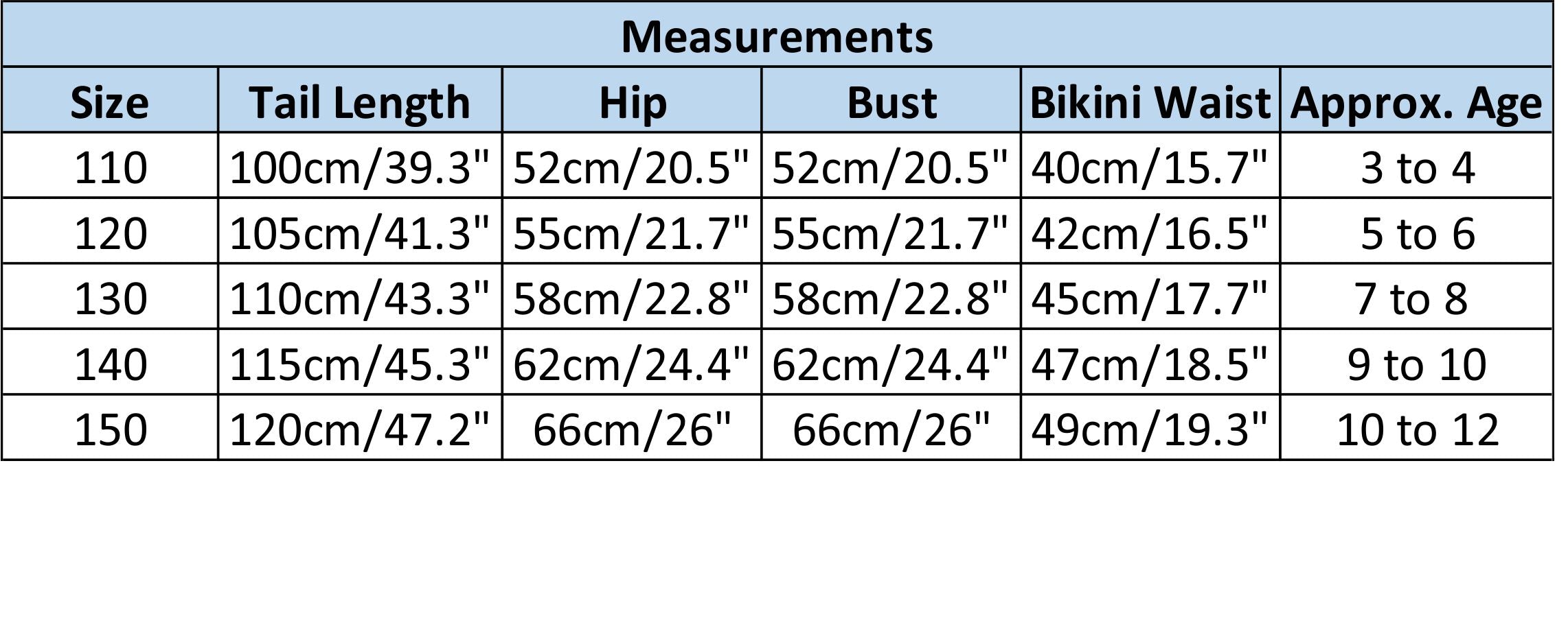 Sizing chart for the Purple & Blue Mermaid Tail & Bikini. Mini Mermaid Tails