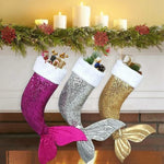 Load image into Gallery viewer, Add a some extra sparkle on your fireplace with these cute Mermaid Tail shaped Christmas Stockings.  Available in Pink, Silver and Gold. Mini Mermaid Tails