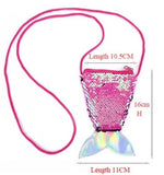 Load image into Gallery viewer, Pink Sequined Mermaid Tail Coin Purse showing its dimensions - tail width 11 cm; height 16 cm; width across the top is 10.5 cm. Mini Mermaid Tails
