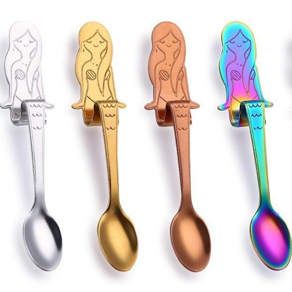 Super Cute Stainless Steel Mermaid Teaspoons available in 4 colours:  Rose Gold, Silver, Gold and Iridescent Rainbow. Mini Mermaid Tails