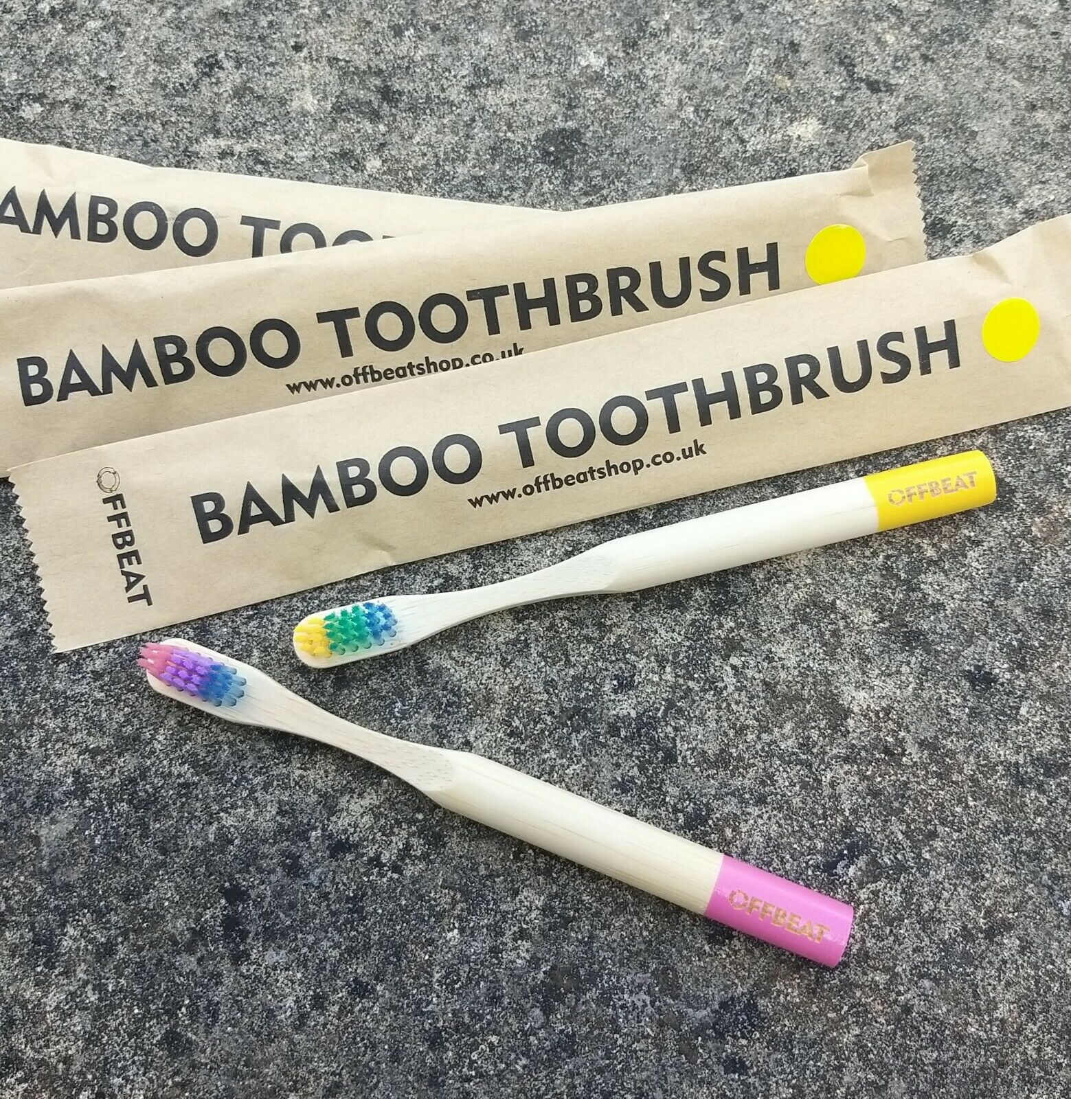 Bamboo toothbrushes in assorted pastel colors, FFBEAT packages. BPA free, charcoal infused. Mini Mermaid Tails 