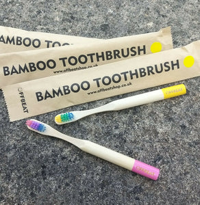 Bamboo toothbrushes in assorted pastel colors, FFBEAT packages. BPA free, charcoal infused. Mini Mermaid Tails 