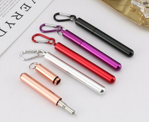 Stainless steel telescopic drinking straws in their cases in rose gold, silver, red, purple, and black. Mini Mermaid Tails