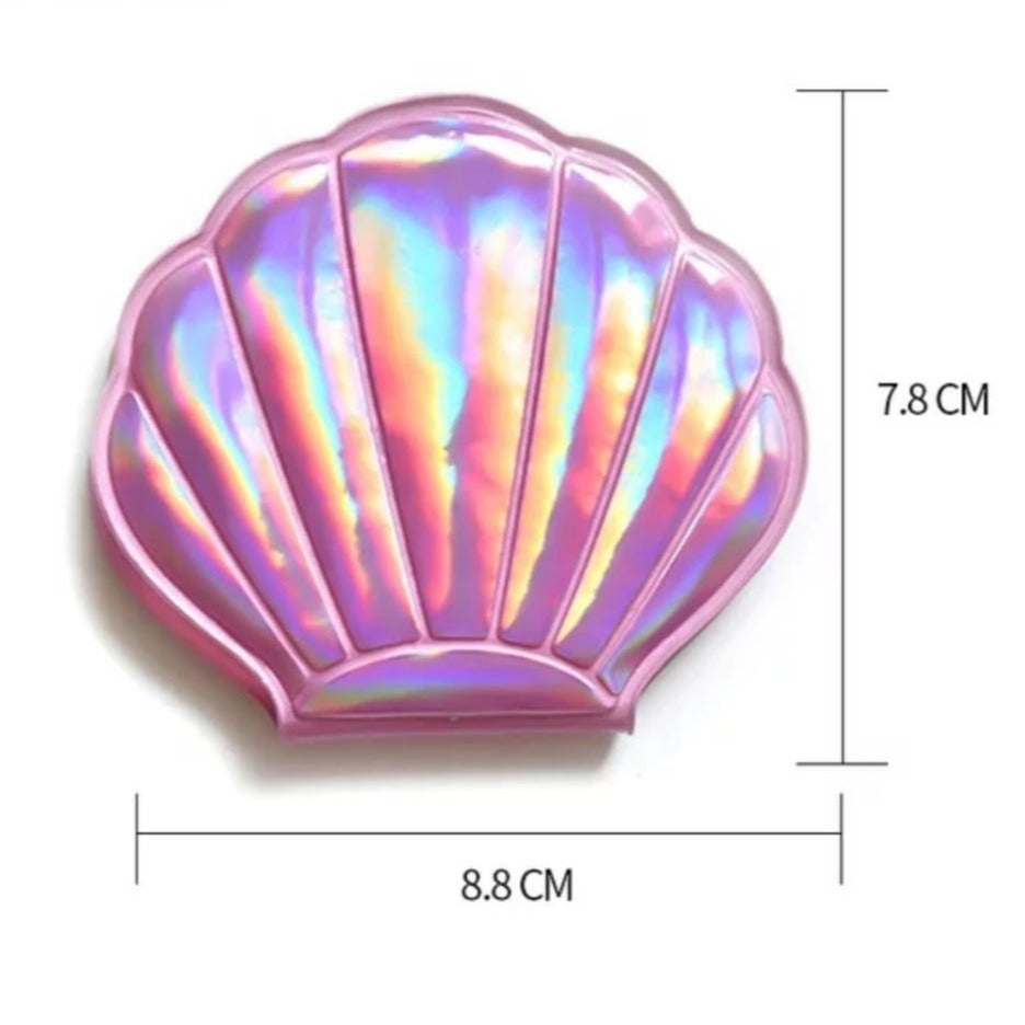 Pink Hologram Shell Shaped Compact Hand Mirror. Mini Mermaid Tails