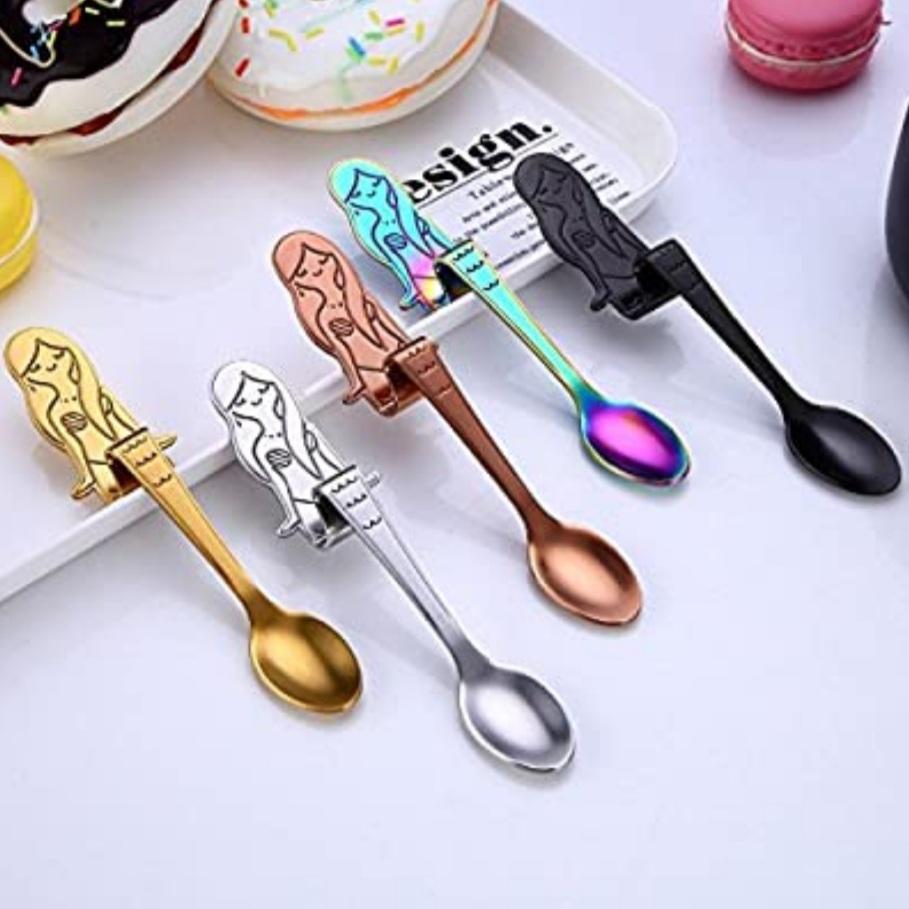 5 stainless steel Mermaid Tea Spoons in gold, silver, rose gold,  black and  iridescent rainbow colors. Mini Mermaid Tails