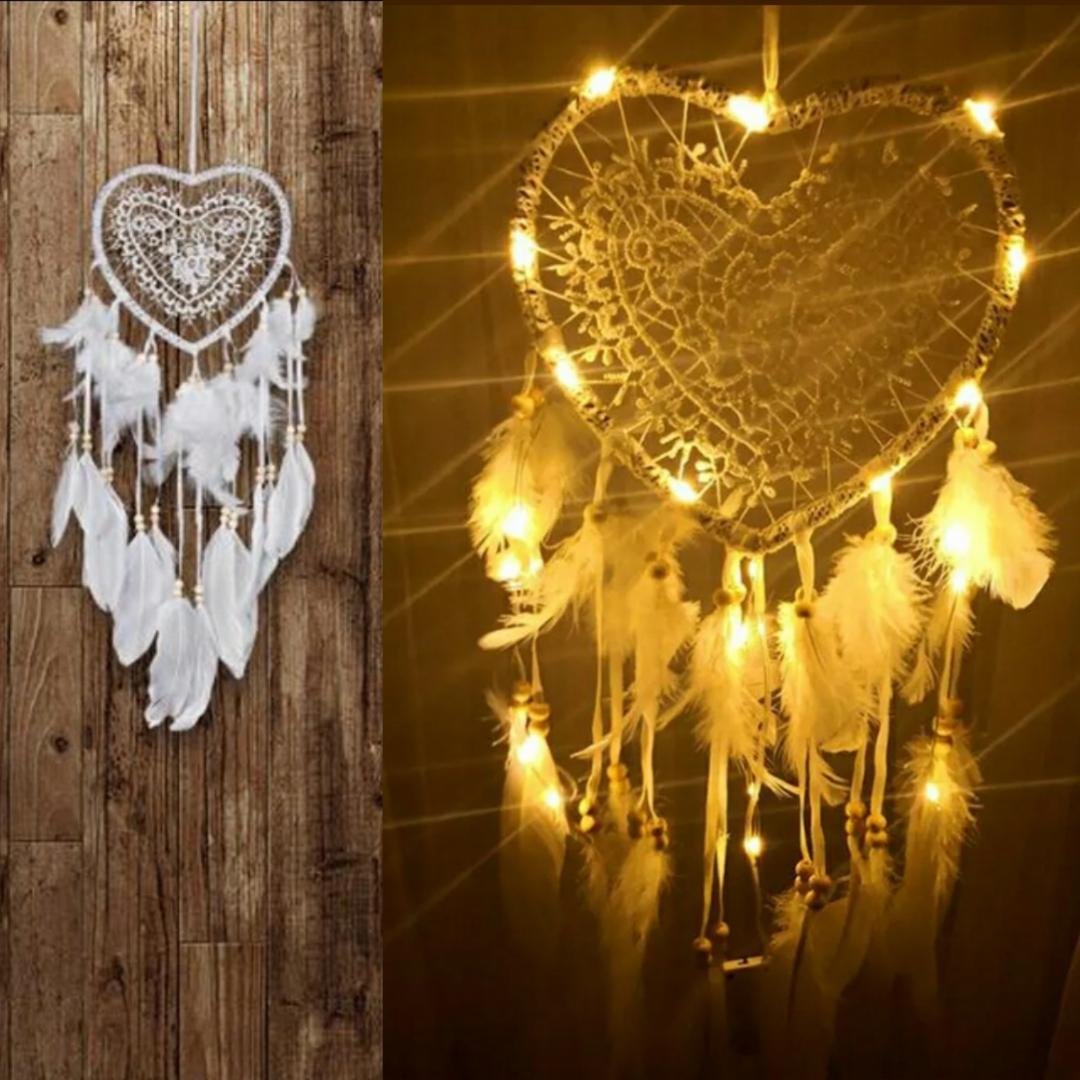 Beautiful, heart shaped Dream Catcher with LED Lights, Feather White. Mini Mermaid Tails