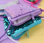 Load image into Gallery viewer, Sequined Mermaid Tail Coin Purses showing the zippered top. Mini Mermaid Tails
