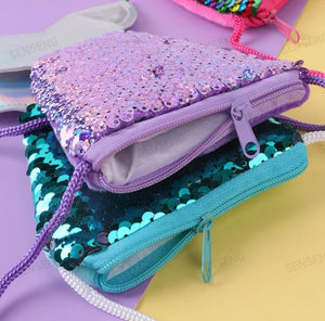 Sequined Mermaid Tail Coin Purses showing the zippered top. Mini Mermaid Tails