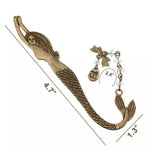 Load image into Gallery viewer, Mermaid Tail Bookmark with measurements - height of 4.7 inches, width of 1.3 inches, and from the tail to the charm is 2.6 inches. Mini Mermaid Tails
