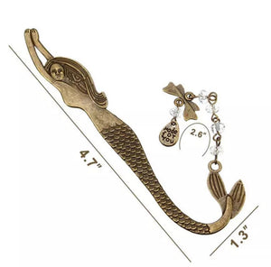 Mermaid Tail Bookmark with measurements - height of 4.7 inches, width of 1.3 inches, and from the tail to the charm is 2.6 inches. Mini Mermaid Tails