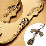 Charger l&#39;image dans la galerie, Picture of the antique looking metal mermaid bookmark that shows a close up of the charm.  The charm has a bow and two clear beads with a tear drop shaped piece that says &quot;Made for you&quot;.  Perfect gift for your bookworm. Mini Mermaid Tails
