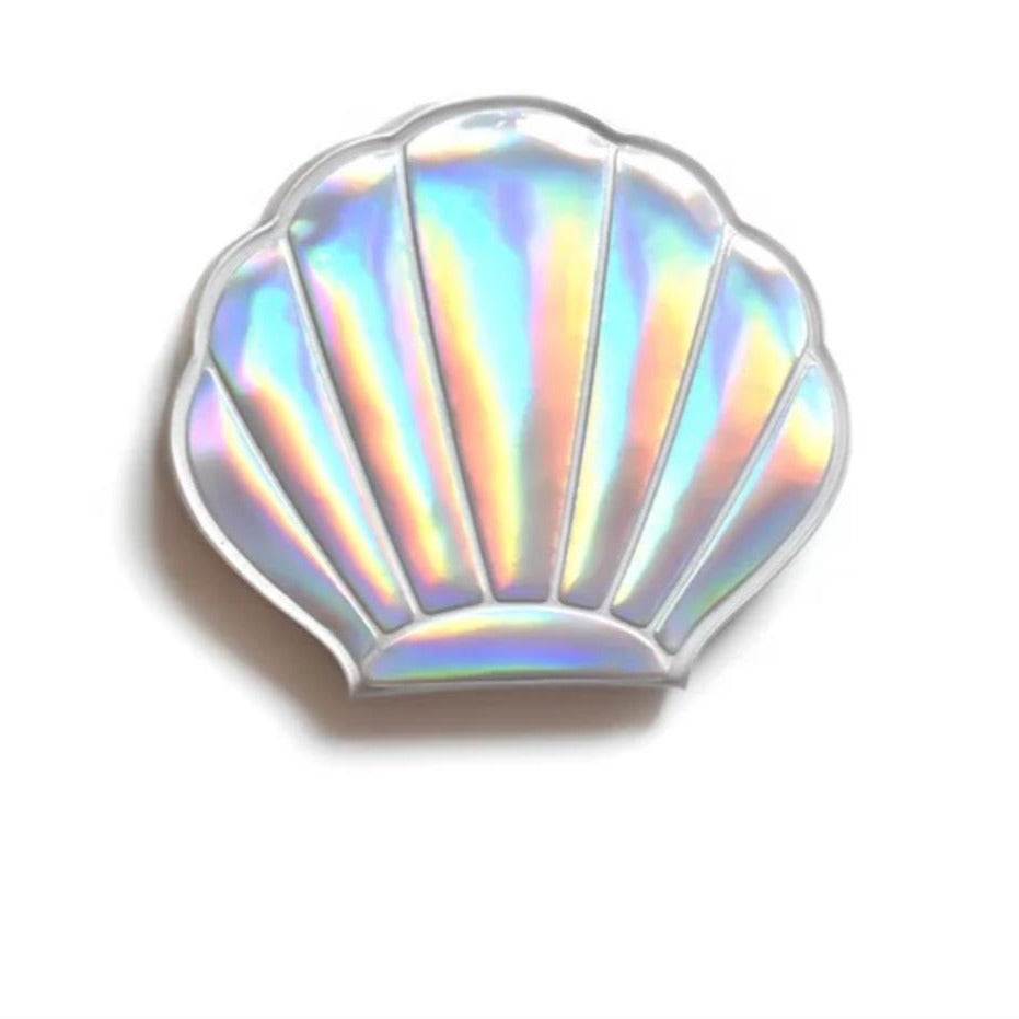 White Hologram Shell Shaped Compact Hand Mirror. Mini Mermaid Tails