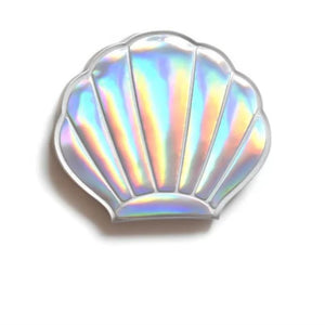 White Hologram Shell Shaped Compact Hand Mirror. Mini Mermaid Tails