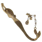 Load image into Gallery viewer, This almost 5 inch long lightweight mermaid bookmark with charm looks antique and is an ideal present for any bookworm who also loves mermaids.  4.7&quot; Long. Mini Mermaid Tails
