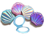 Charger l&#39;image dans la galerie, Pretty Shimmery Hologram Sea Shell Mermaid Compact Hand Mirror with one regular and one magnifying side.  Folding make up mirror made from PU leather.  Available in Purple, Blue, Pink &amp; White. Mini Mermaid Tails

